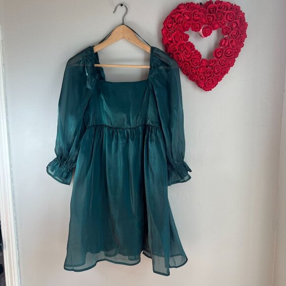 August Sky Babydoll Fit Flare Satin Mini Smocked Dress Medium in Forest Green NW - Picture 1 of 12